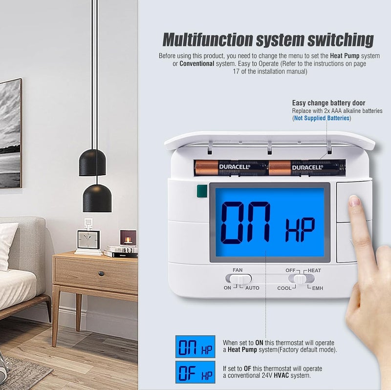 Mroinge Thermostat Non Programmable Heat Pump Thermostat for House 2H/1C, with Large LCD Display of Room Temperature and Humidity - Image 5